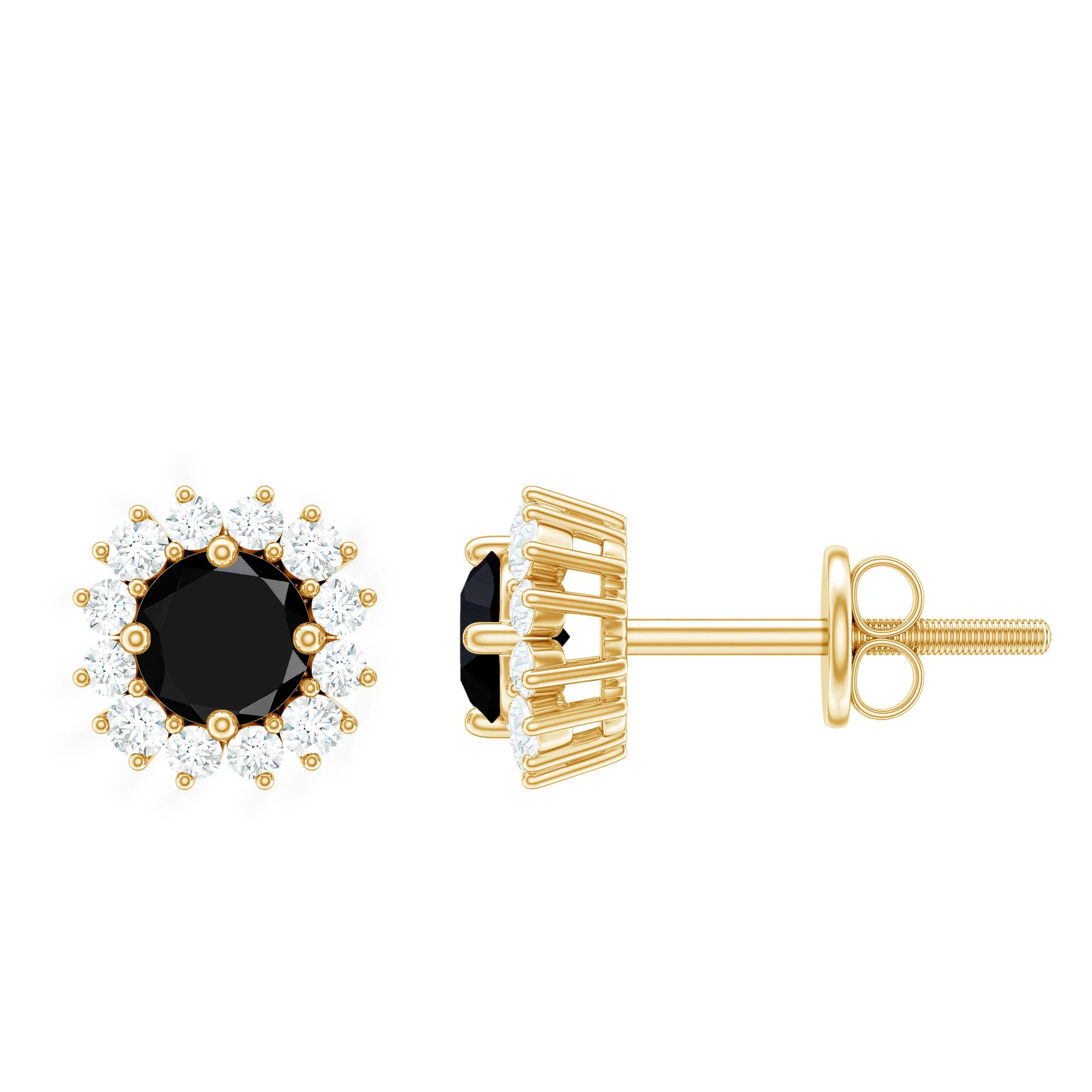 0.75 CT Classic Black Onyx Stud Earring with Diamond Halo