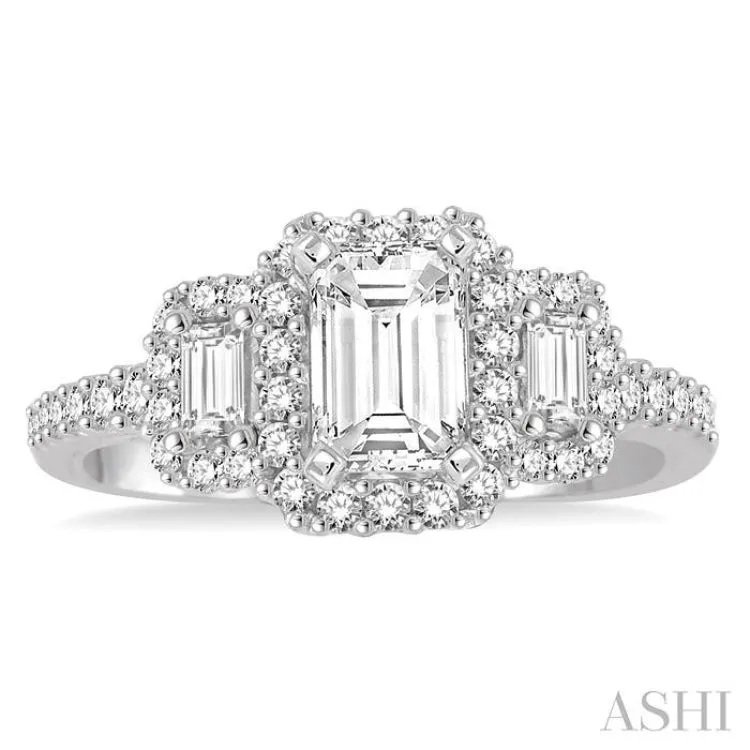 1 1/3 Ctw Diamond Engagement Ring with 3/4 Ct Emerald Cut Center Stone in 14K White Gold