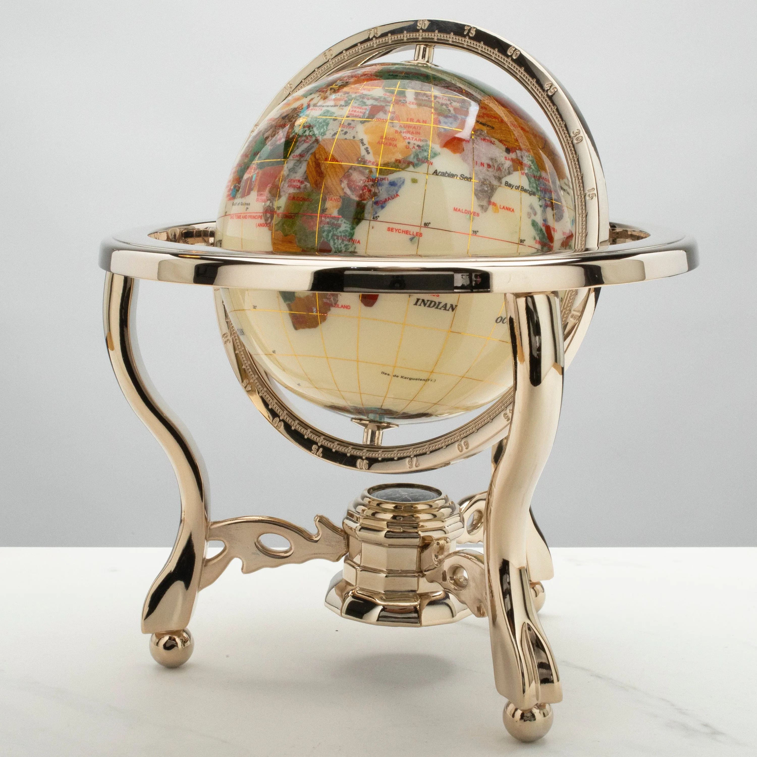 11" Tall Gemstone Globe with 6" Howlite Ocean on 24k Gold Plated Stand