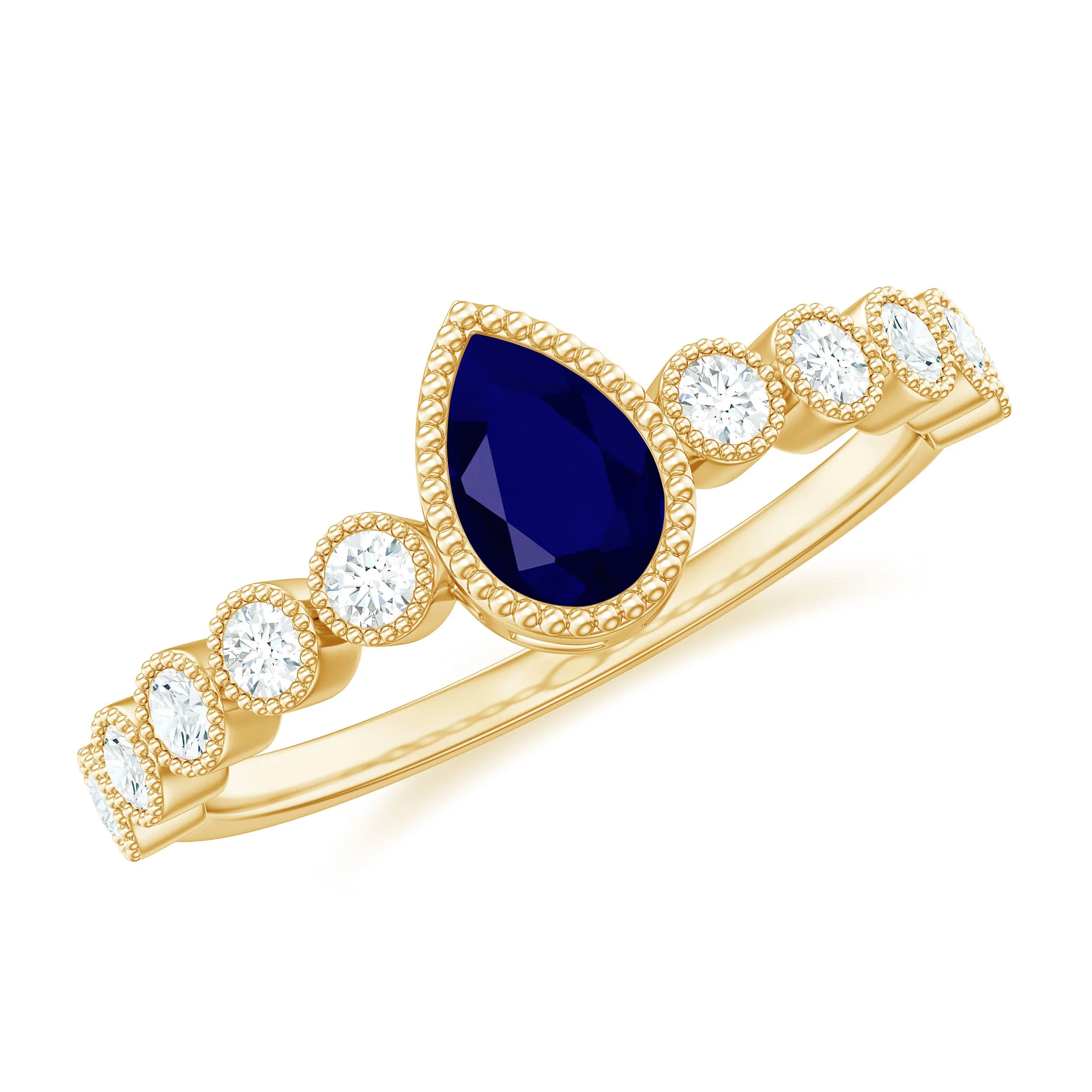 1.25 CT Pear Cut Blue Sapphire Solitaire Ring with Diamond Side Stones