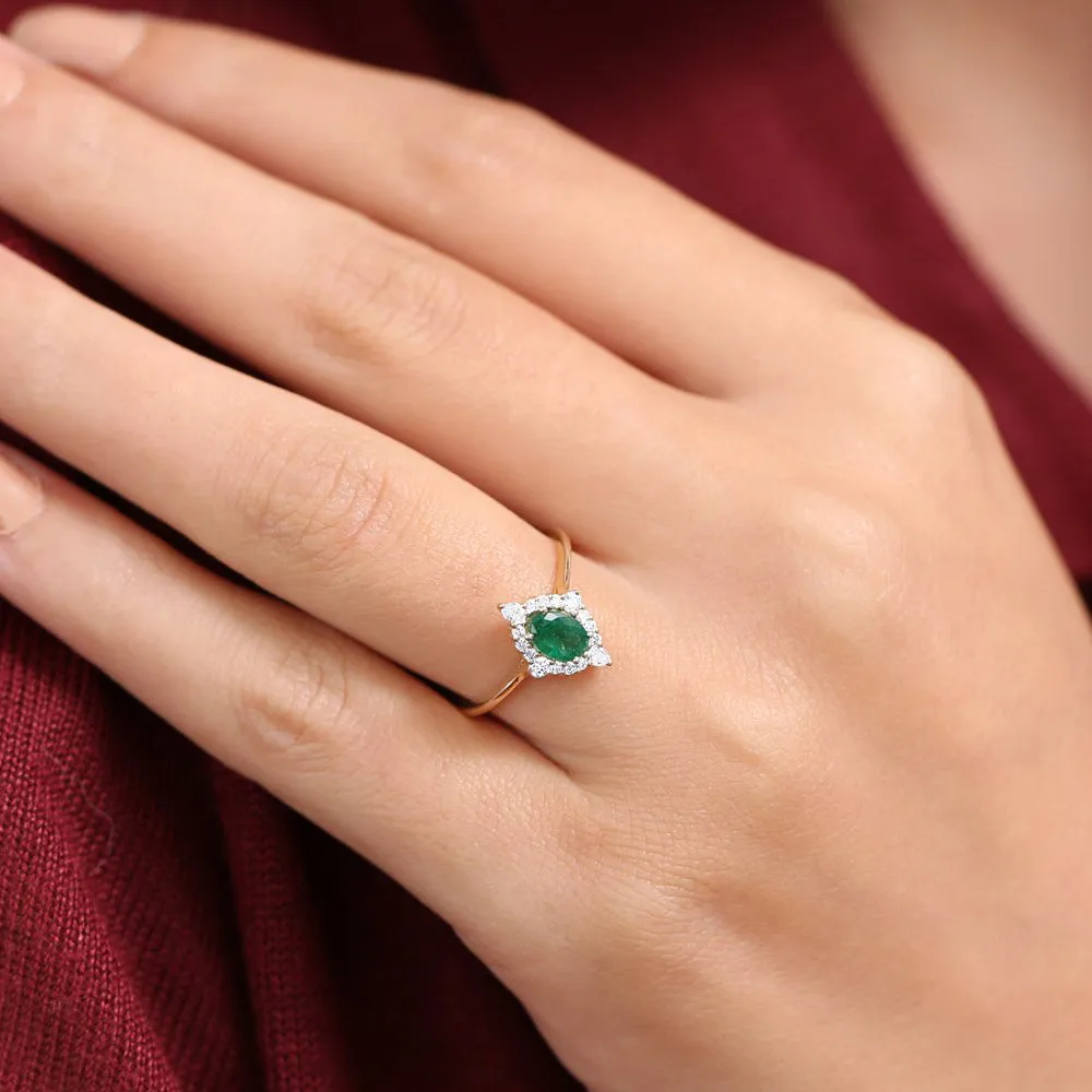 14k Oval Emerald and Diamond Bellarina Ring