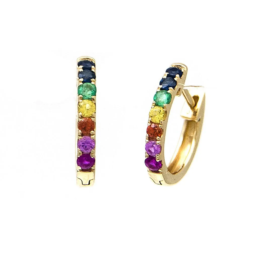 14K Yellow Gold Colored Stone Hoop Earrings