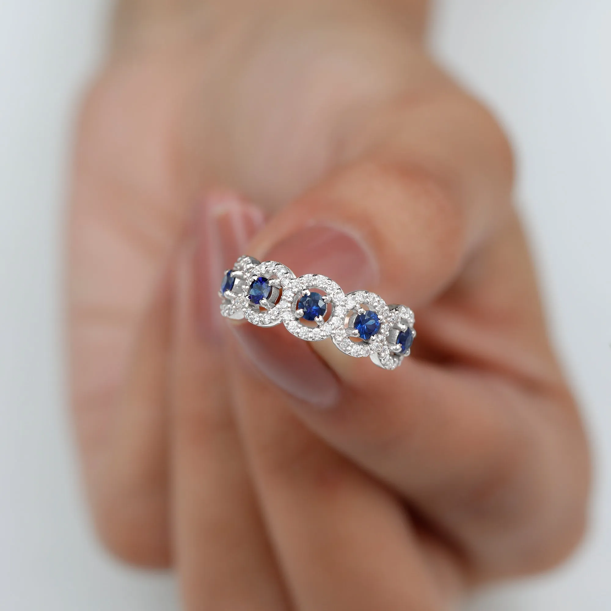 1.75 CT Round Shape Blue Sapphire and Diamond Halo Classic Band Ring