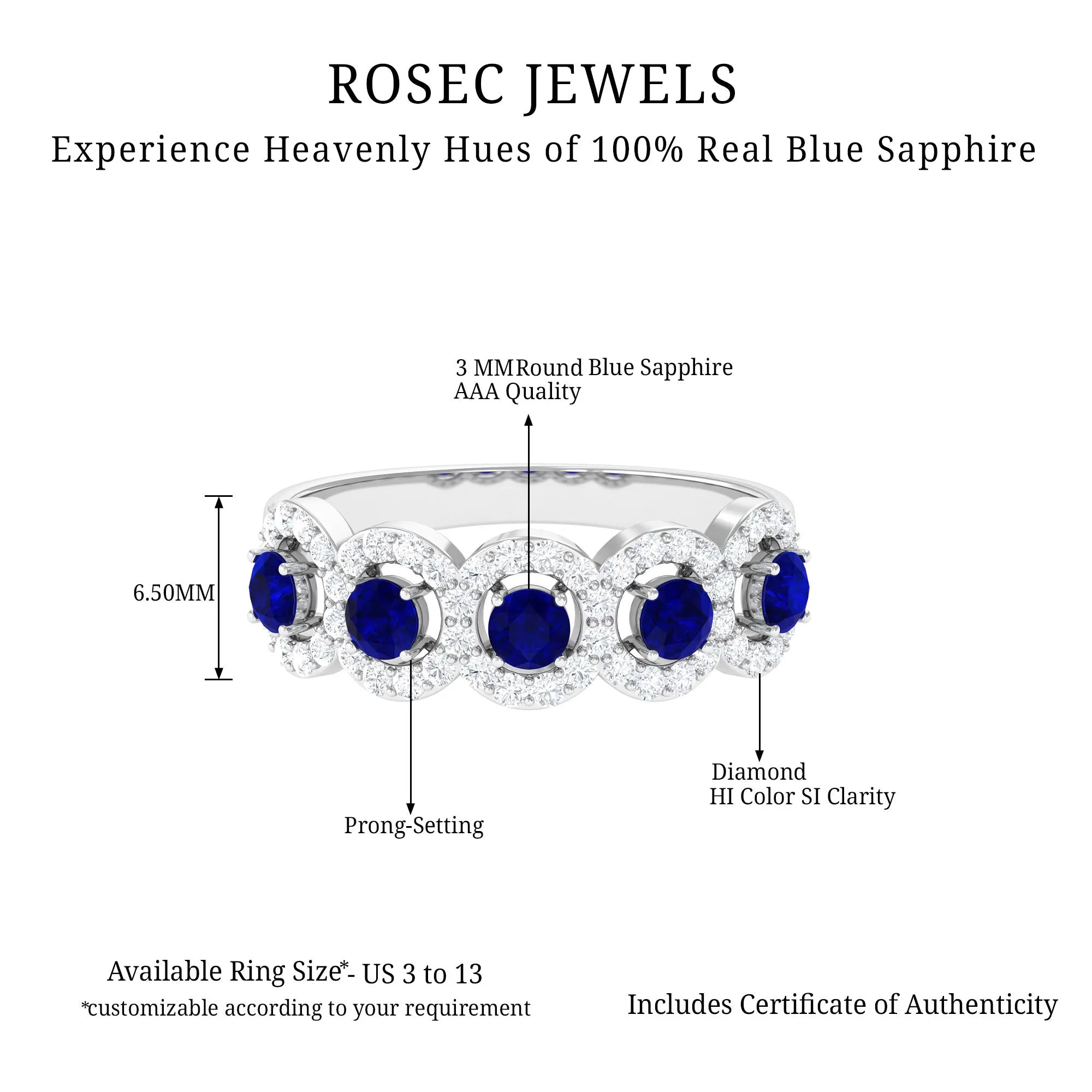 1.75 CT Round Shape Blue Sapphire and Diamond Halo Classic Band Ring