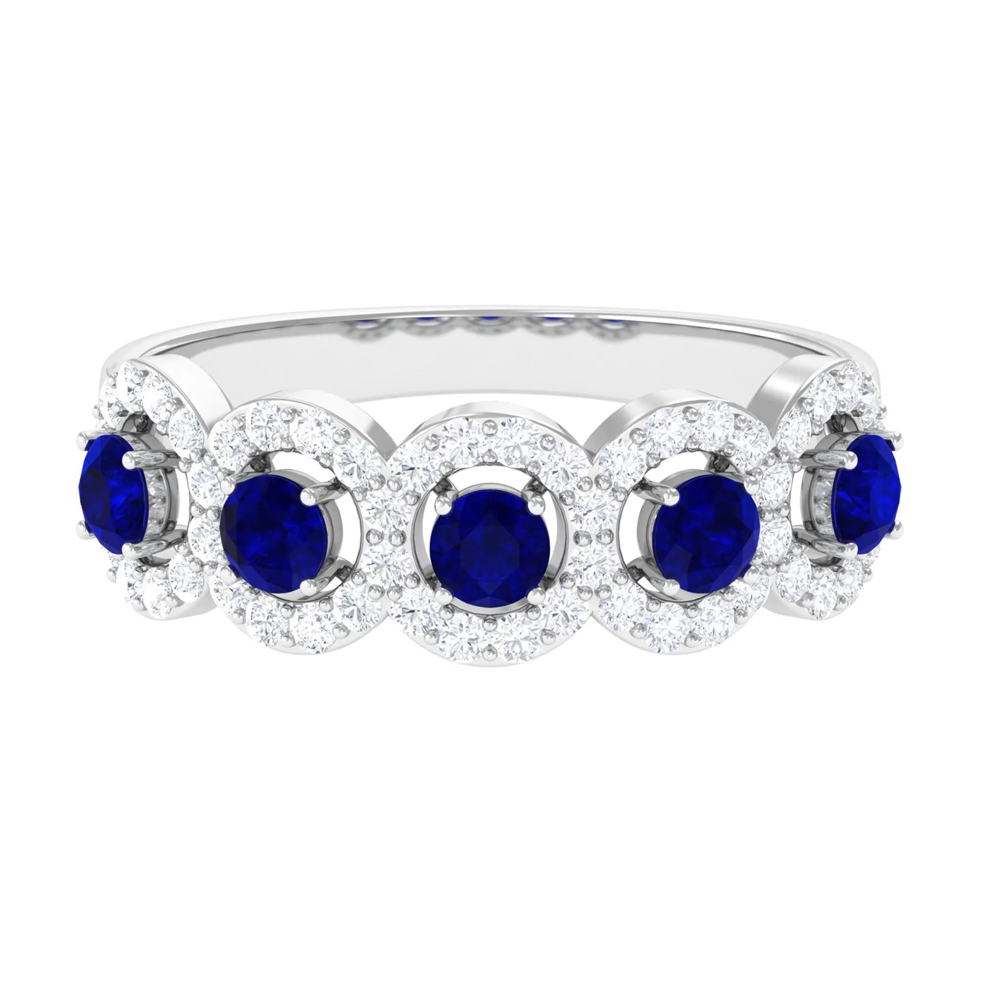 1.75 CT Round Shape Blue Sapphire and Diamond Halo Classic Band Ring