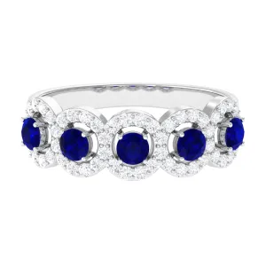 1.75 CT Round Shape Blue Sapphire and Diamond Halo Classic Band Ring