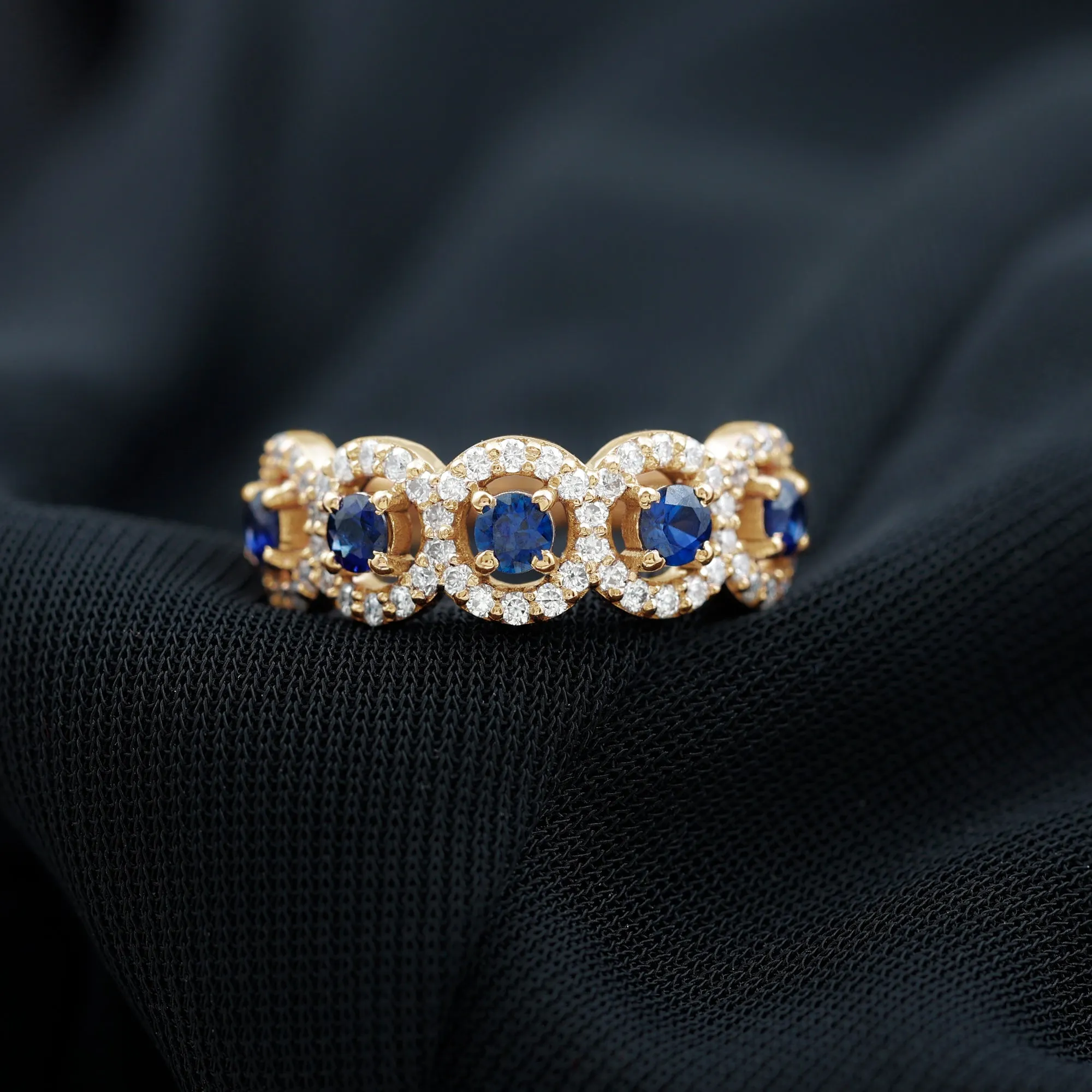 1.75 CT Round Shape Blue Sapphire and Diamond Halo Classic Band Ring