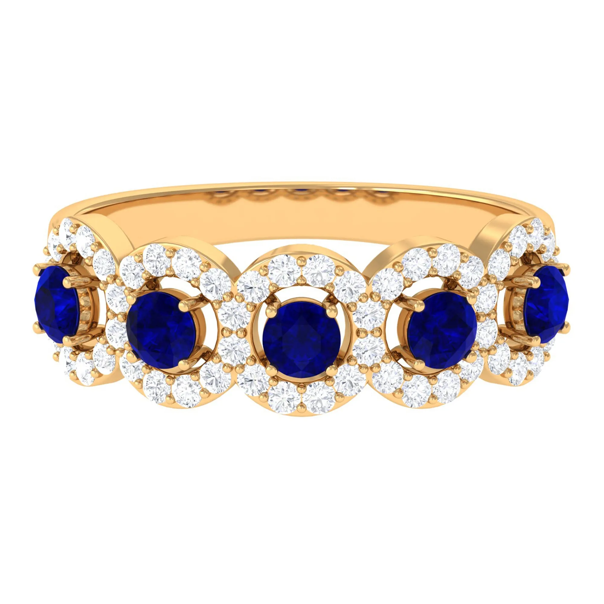 1.75 CT Round Shape Blue Sapphire and Diamond Halo Classic Band Ring