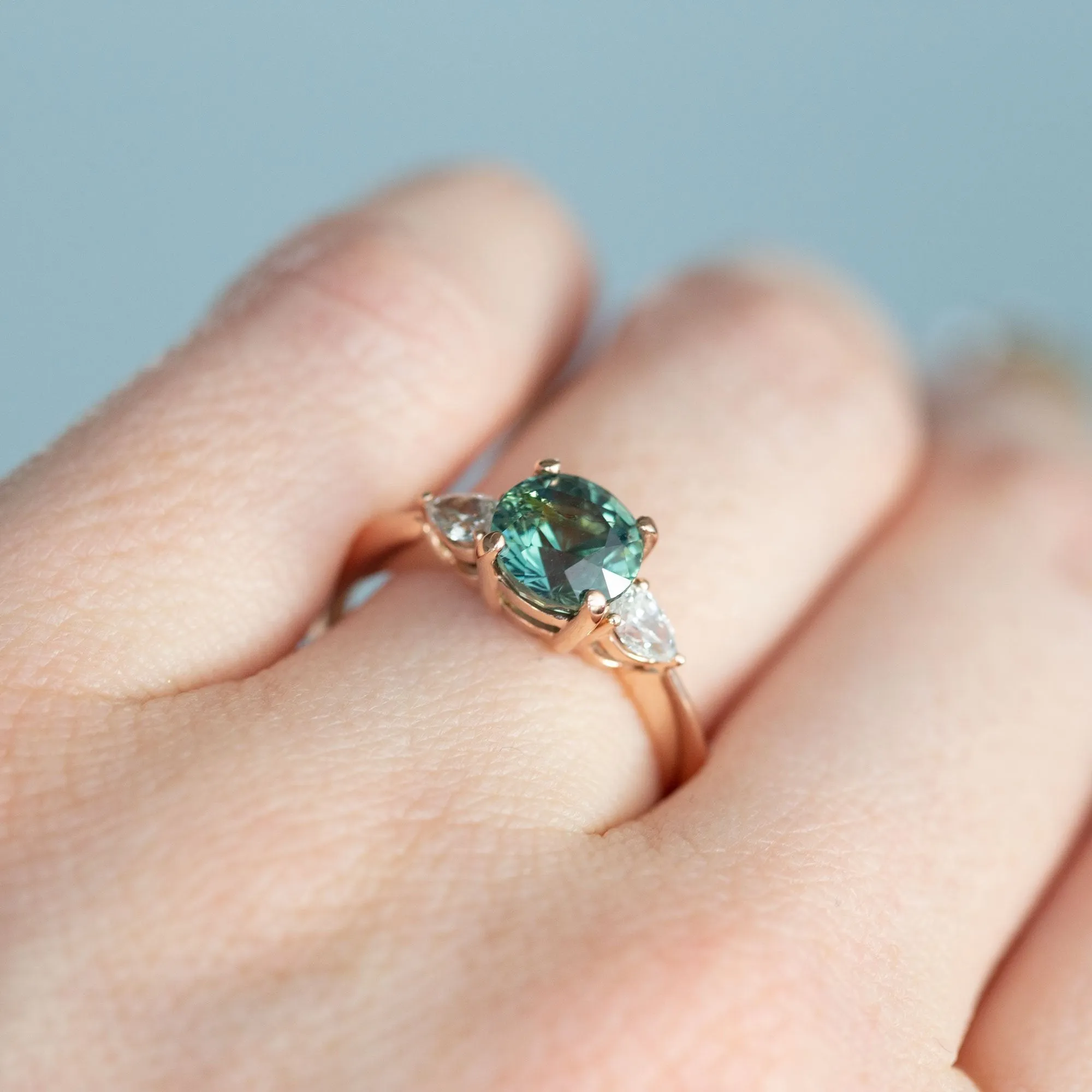 2.05ct Round Unheated Teal Green Sapphire With Pear Diamond Side Stones in 14k Rose Gold