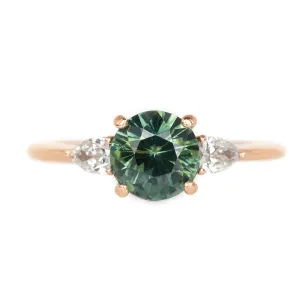 2.05ct Round Unheated Teal Green Sapphire With Pear Diamond Side Stones in 14k Rose Gold