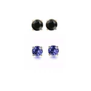 24k Yellow Gold Plated 4Ct Created Black Sapphire and Tanzanite 2 Pair Round Stud Earrings