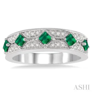 2.5 mm Princess Cut Emerald and 1/6 Ctw Round Cut Diamond Band in 14K White Gold