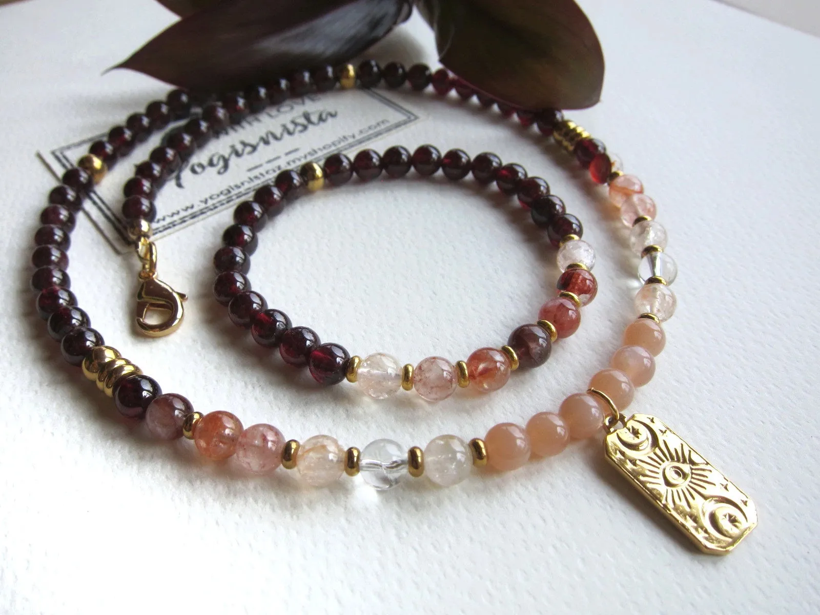 2pc set - Red Garnet and Hematoid Quartz Necklace & Bracelet Set