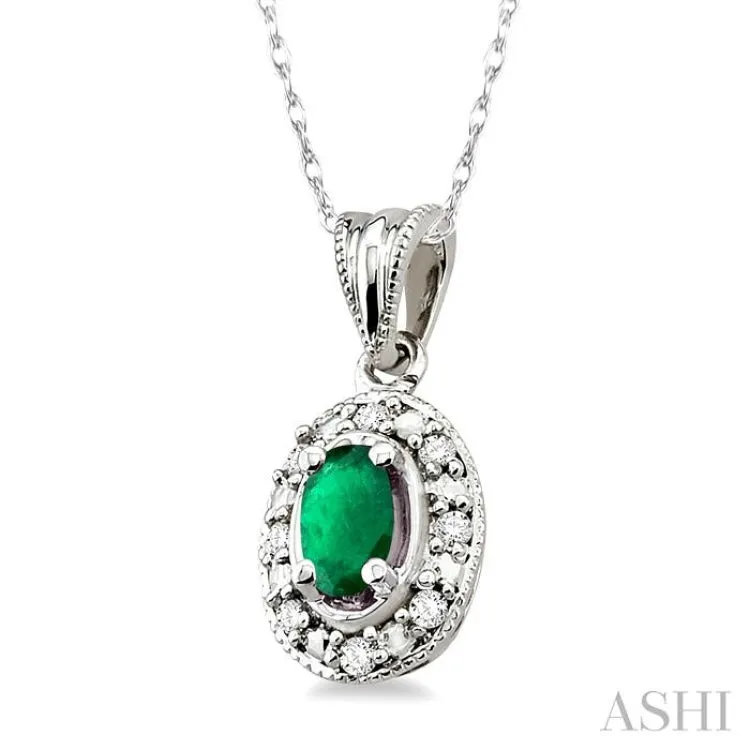 5x3mm Oval Shape Emerald and 1/20 Ctw Single Cut Diamond Pendant in 10K White Gold with Chain