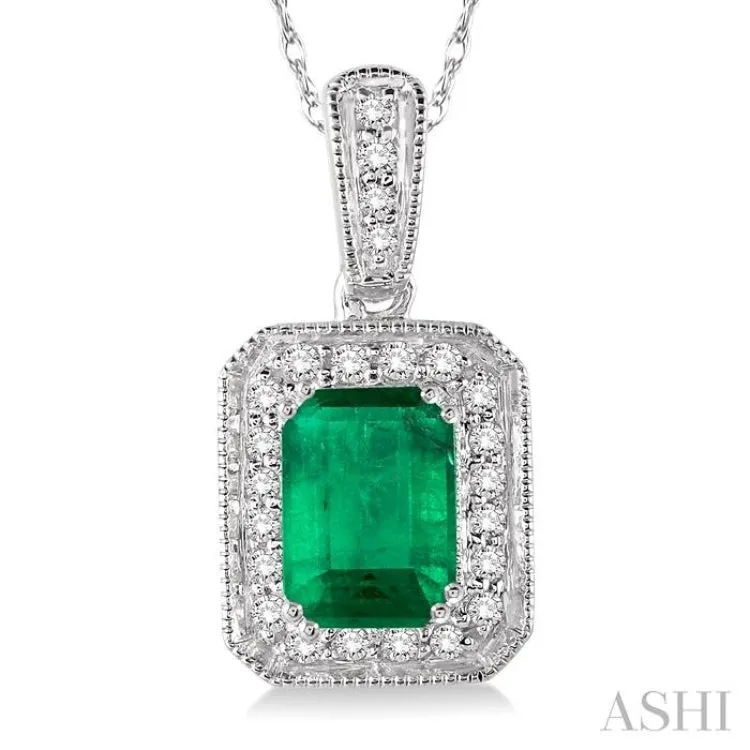 6x4  MM Emerald Shape Emerald and 1/5 Ctw Round Cut Diamond Pendant in 14K White Gold with Chain