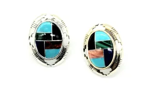 925 Sterling Silver Turquoise Inlay Mosaic Stud Earings