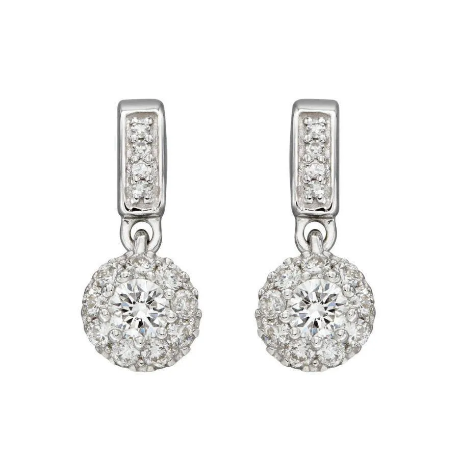 9ct White Gold Round Brilliant Cut Diamond Halo Cluster Drop Earrings