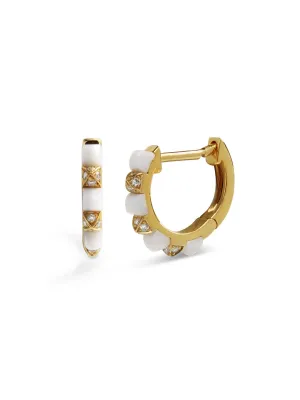 Agate and Diamond Studded Mini Yellow Gold Hoop Earrings