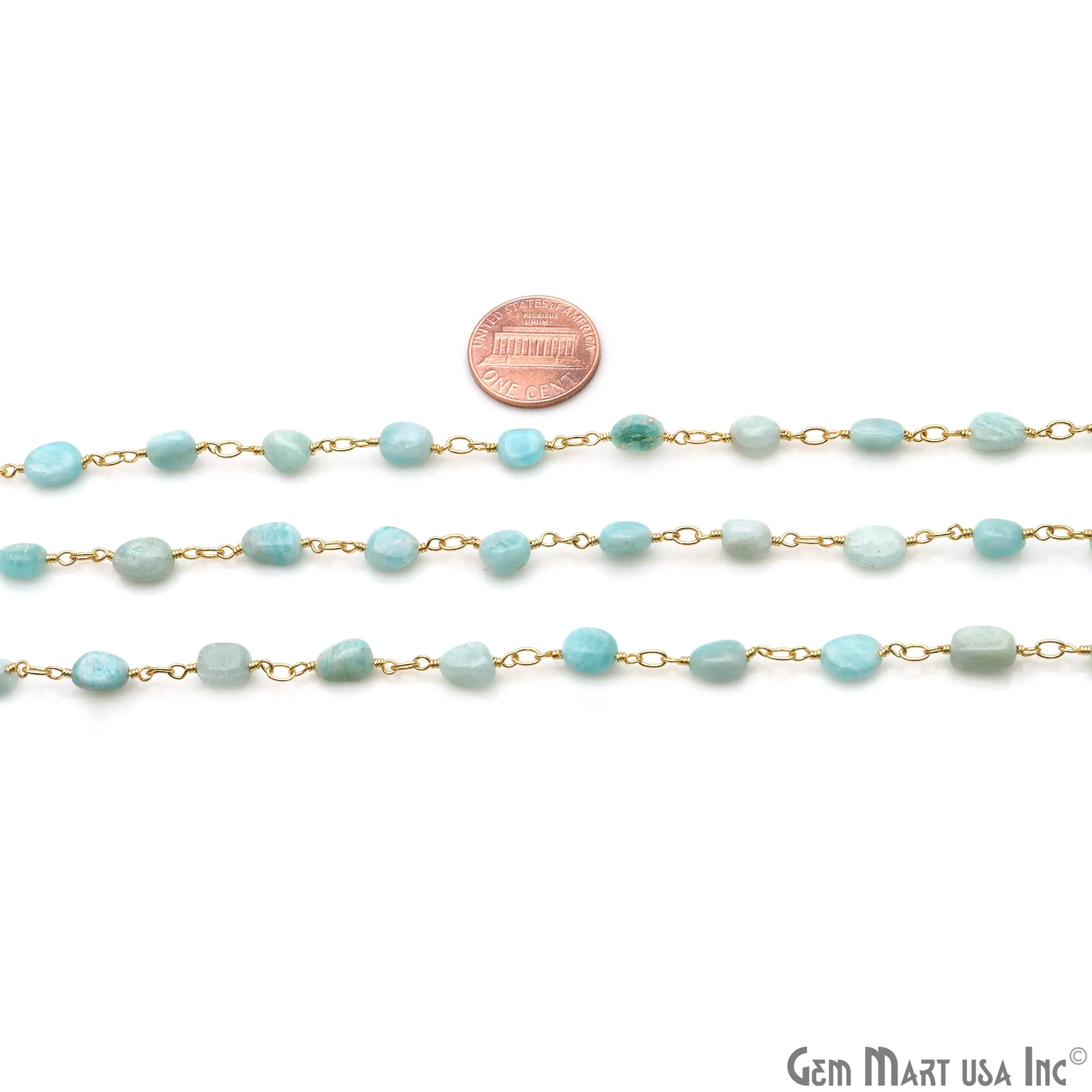 Amazonite Tumble Beads 8x5mm Gold Wire Wrapped Rosary Chain