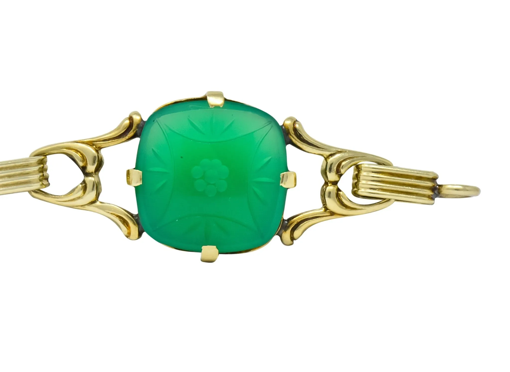 Art Deco 1930's Carved Green Onyx Intaglio 14 Karat Gold Floral Link Bracelet