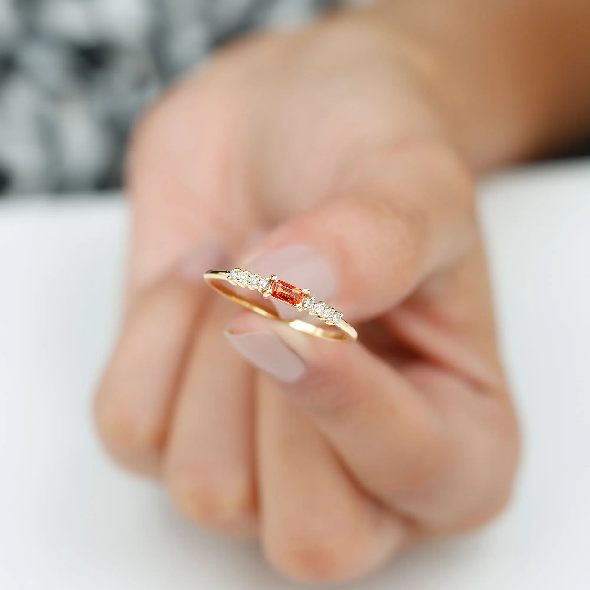 Baguette Cut Lab Grown Orange Sapphire East West Promise Ring with Diamond