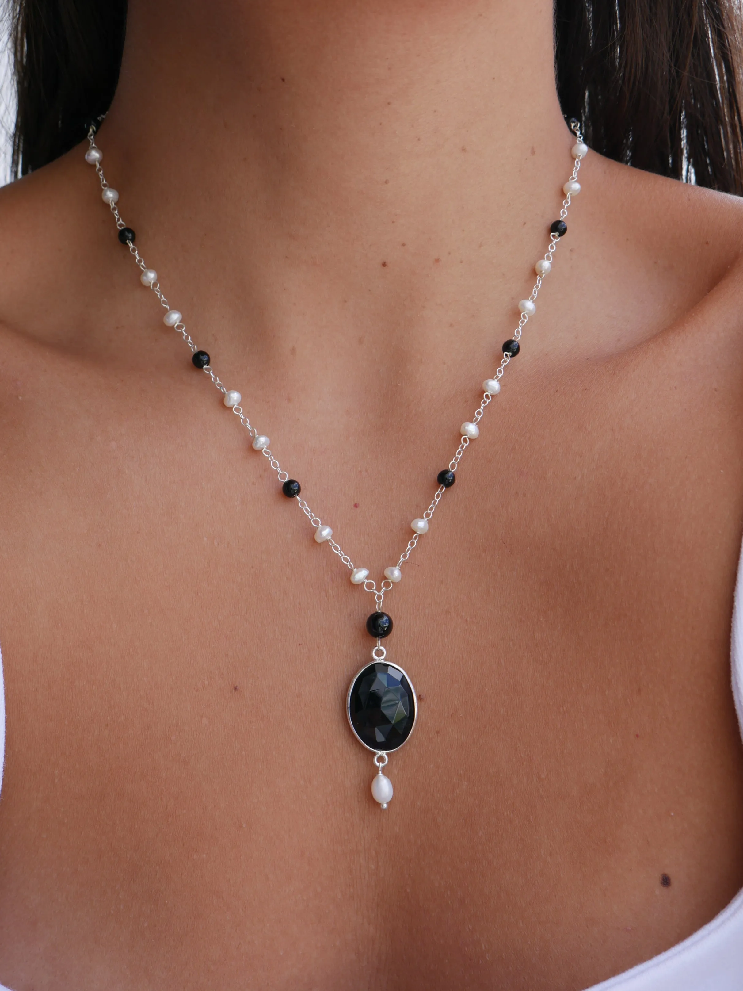 Black Onyx & Pearls Necklace, .925 Sterling Silver Natural Onyx Gemstone & Freshwater Pearl Lariat Nickel Free Hypoallergenic Necklace