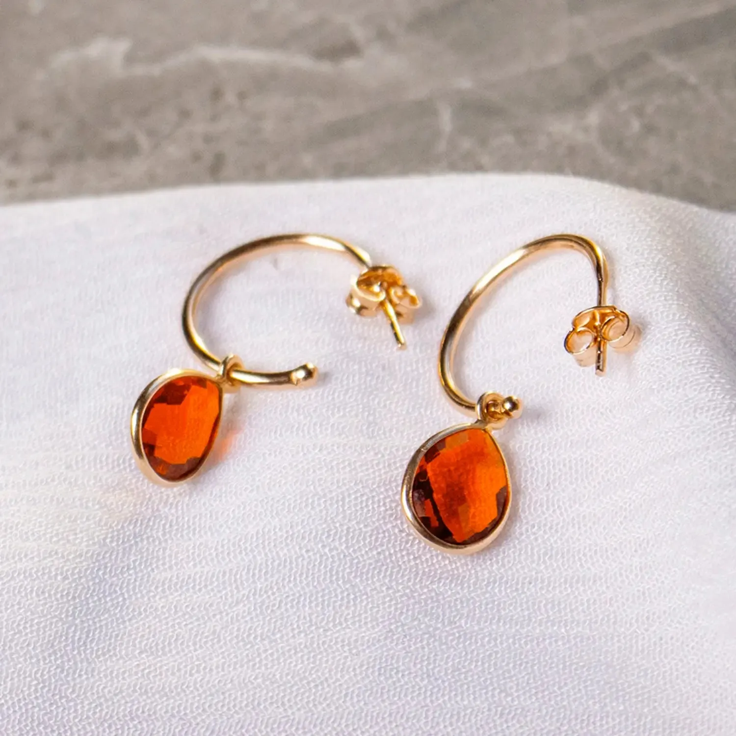 Carnelian Drop Hoop Earrings Rose Gold July Birthstone