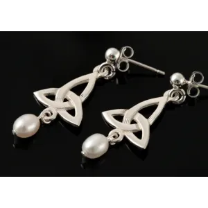 Celtic Sterling Silver or 9ct Yellow Gold Drop Earrings with Pearl - HE103