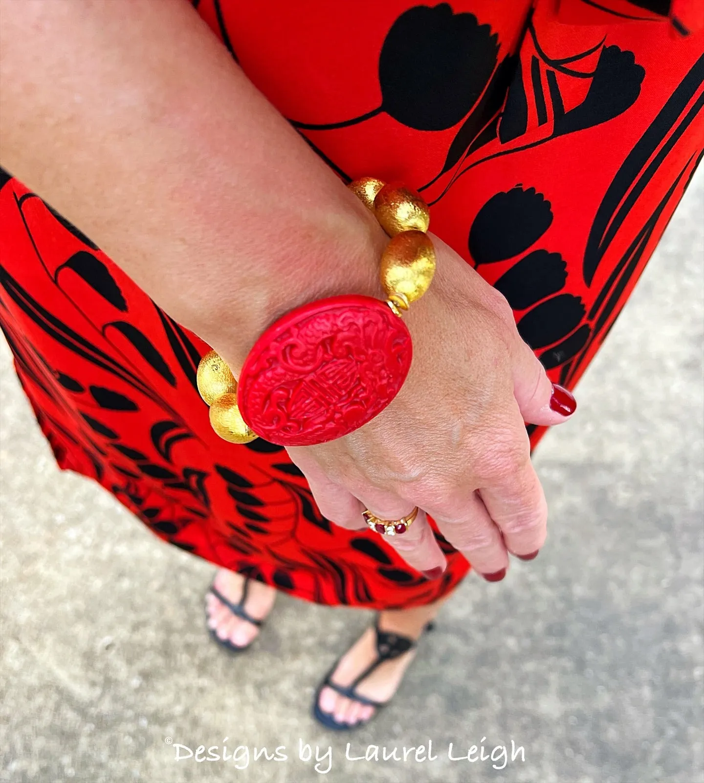 Chinoiserie Red & Gold Cinnabar Bracelet