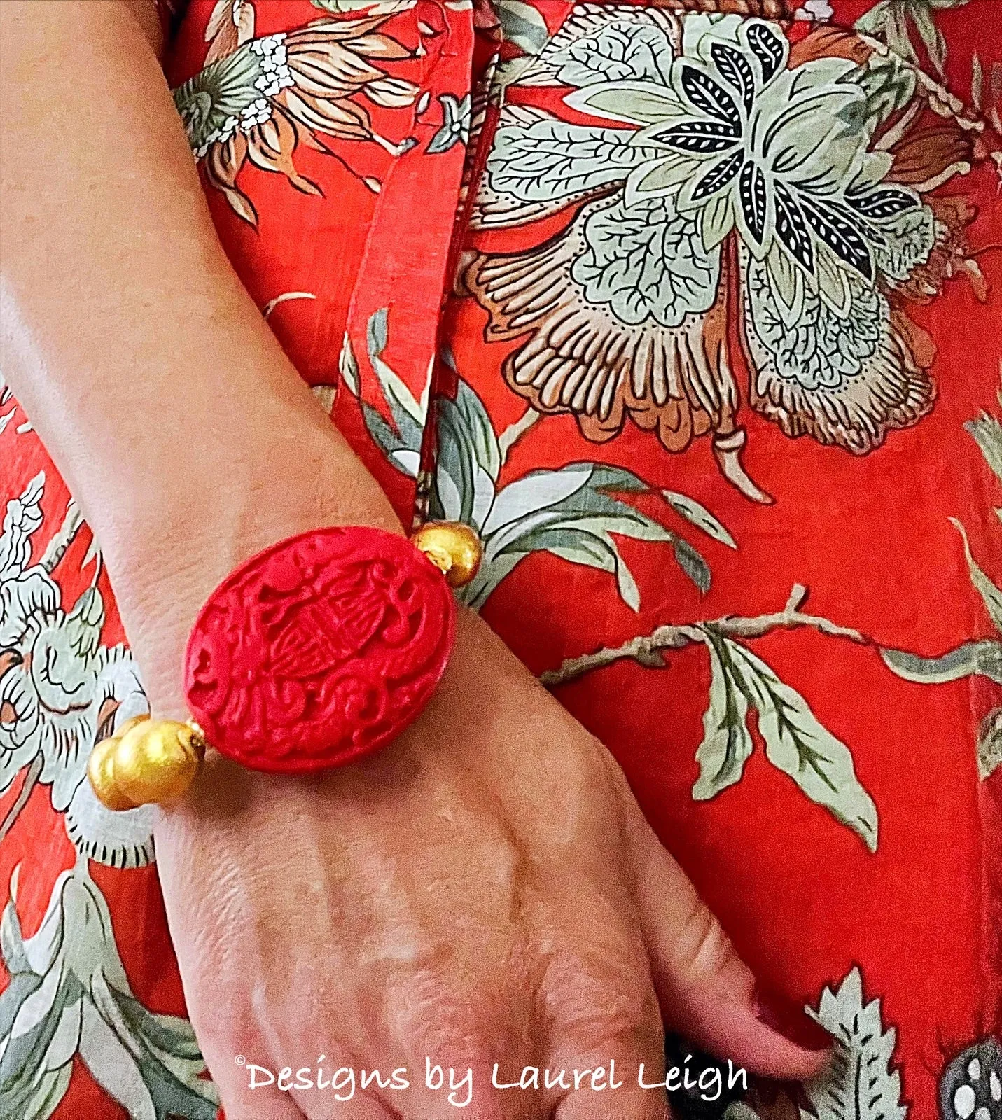 Chinoiserie Red & Gold Cinnabar Bracelet