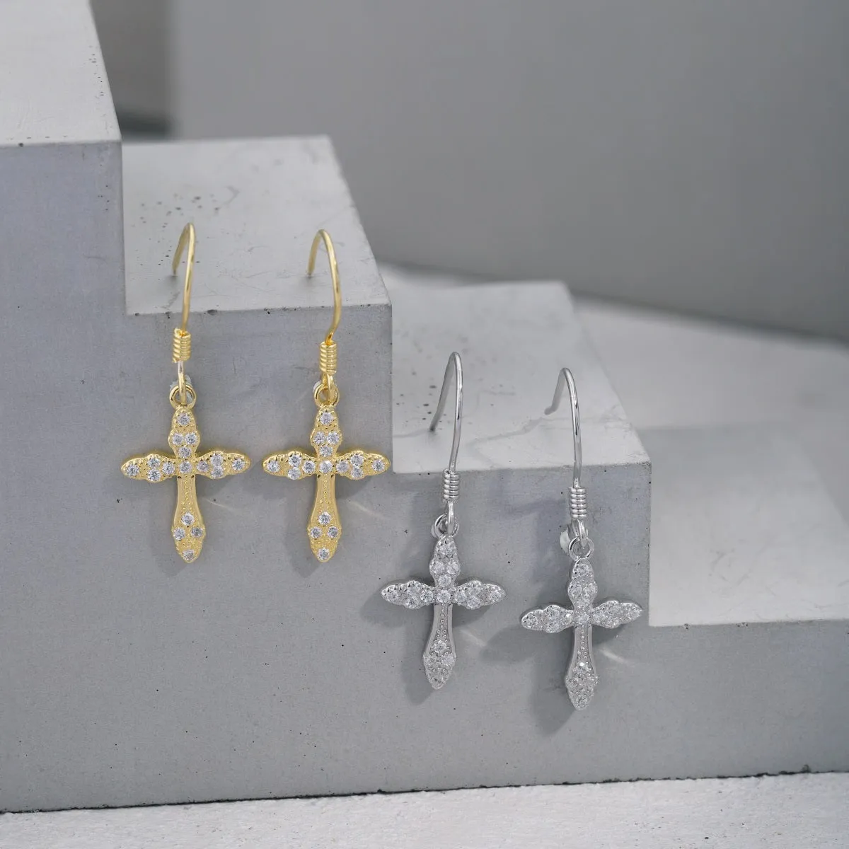 Dainty Crystal Cross Charm Drop Earrings