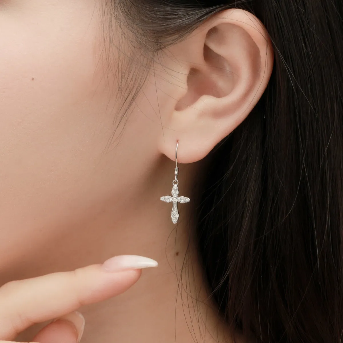 Dainty Crystal Cross Charm Drop Earrings