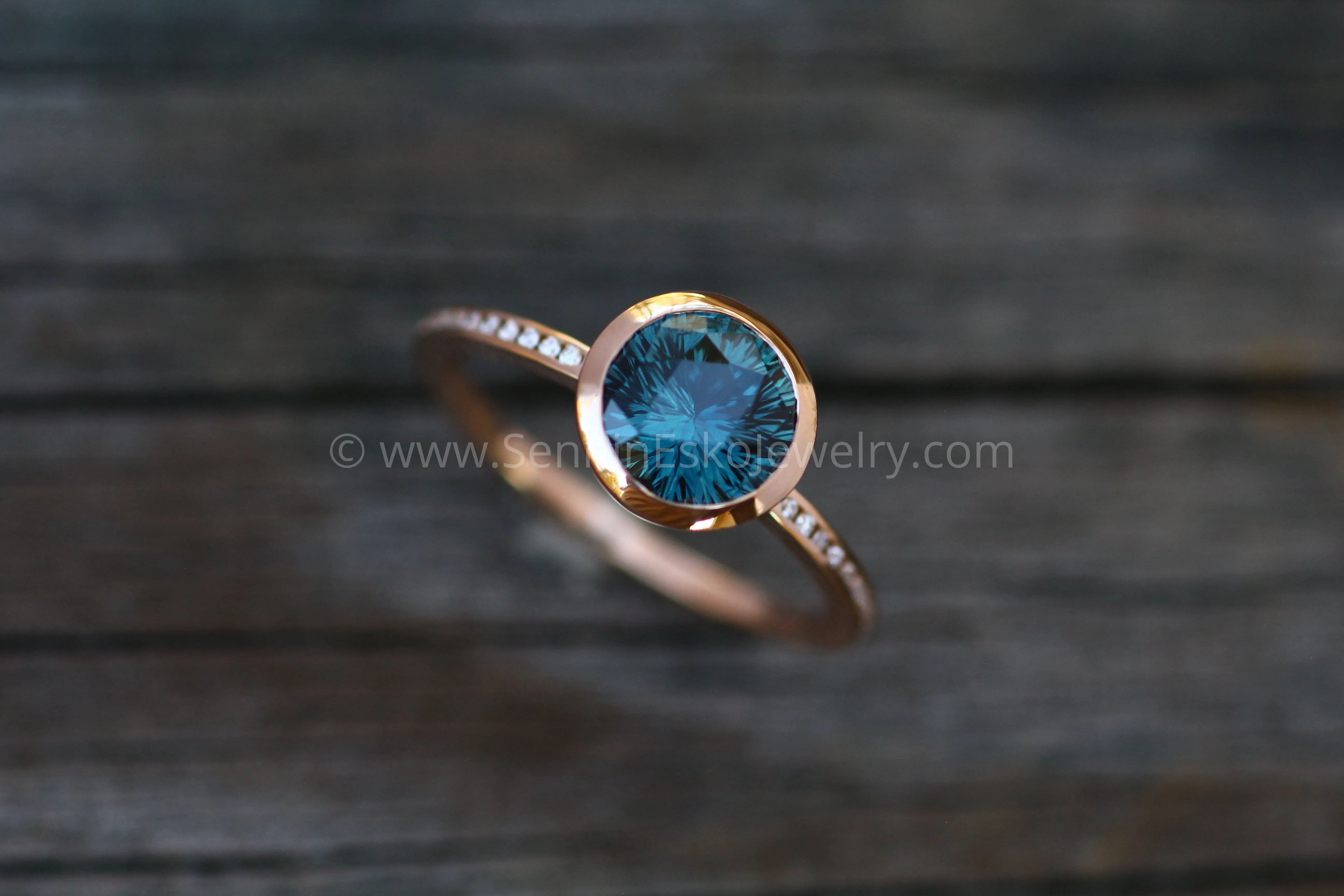 Diamond Channel Accented Rose Gold Bezel Ring Setting - Fantasy cut Color Changing Umba Sapphire Depicted (Setting Only, Center Stone Sold Separately)