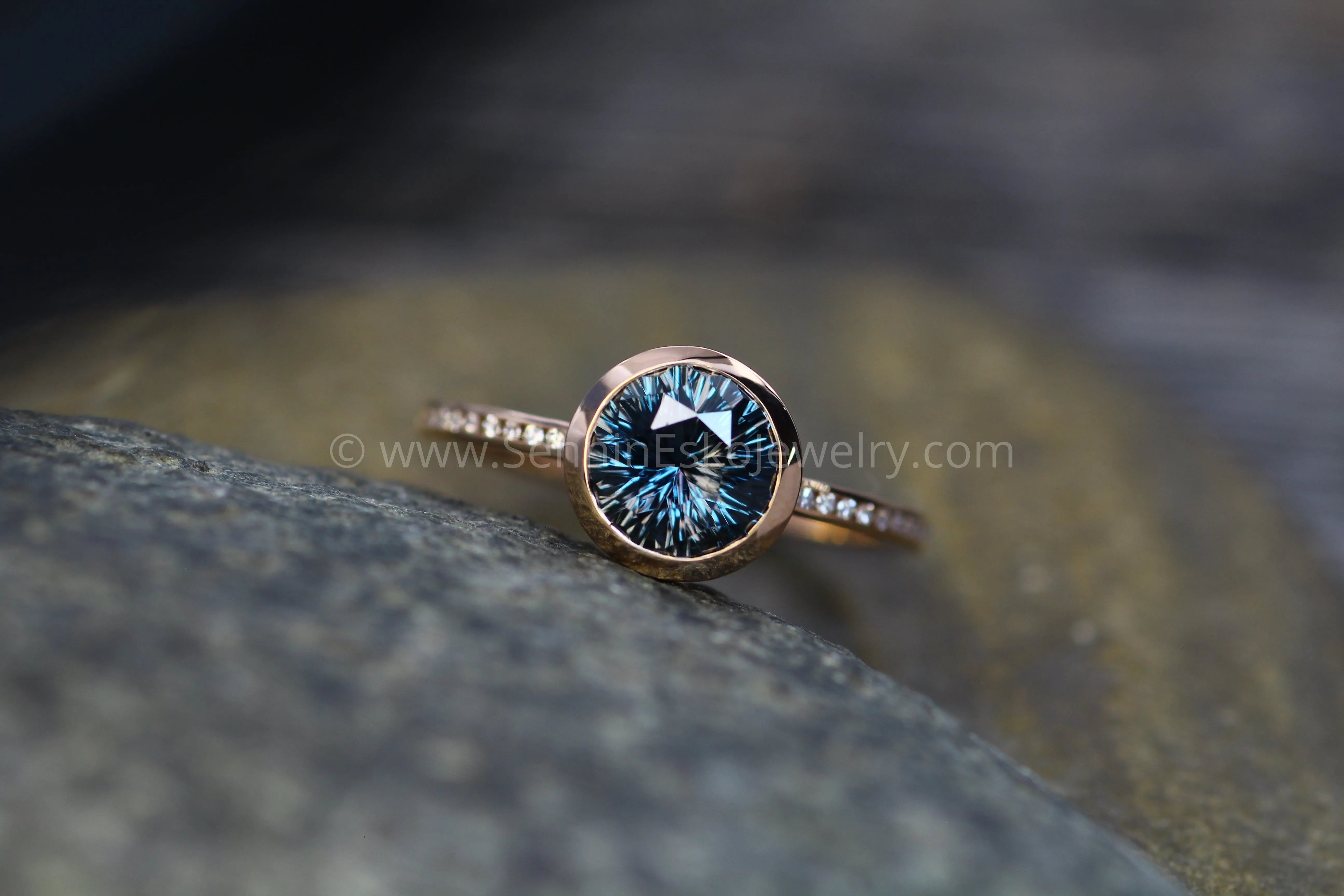 Diamond Channel Accented Rose Gold Bezel Ring Setting - Fantasy cut Color Changing Umba Sapphire Depicted (Setting Only, Center Stone Sold Separately)