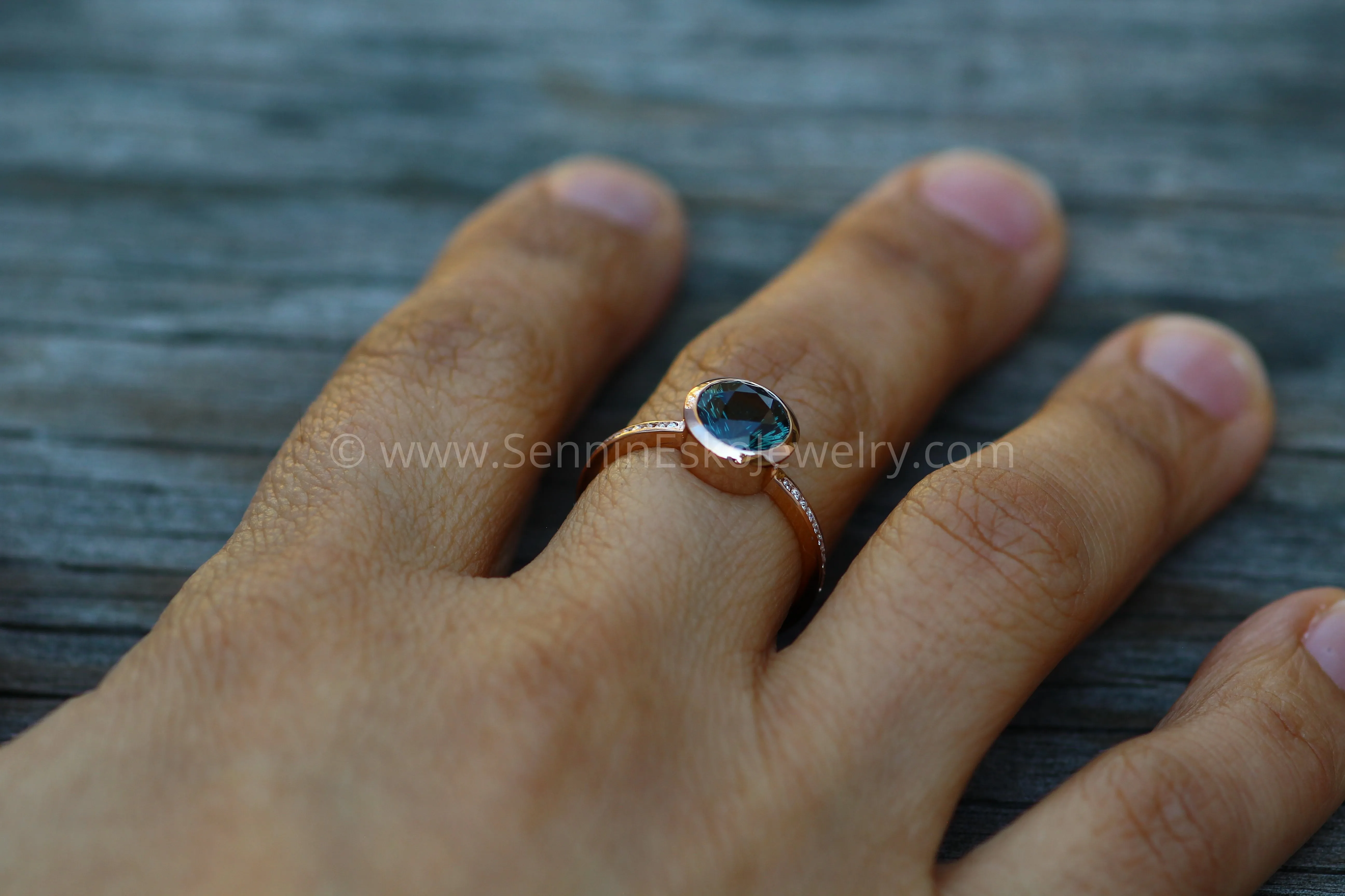 Diamond Channel Accented Rose Gold Bezel Ring Setting - Fantasy cut Color Changing Umba Sapphire Depicted (Setting Only, Center Stone Sold Separately)