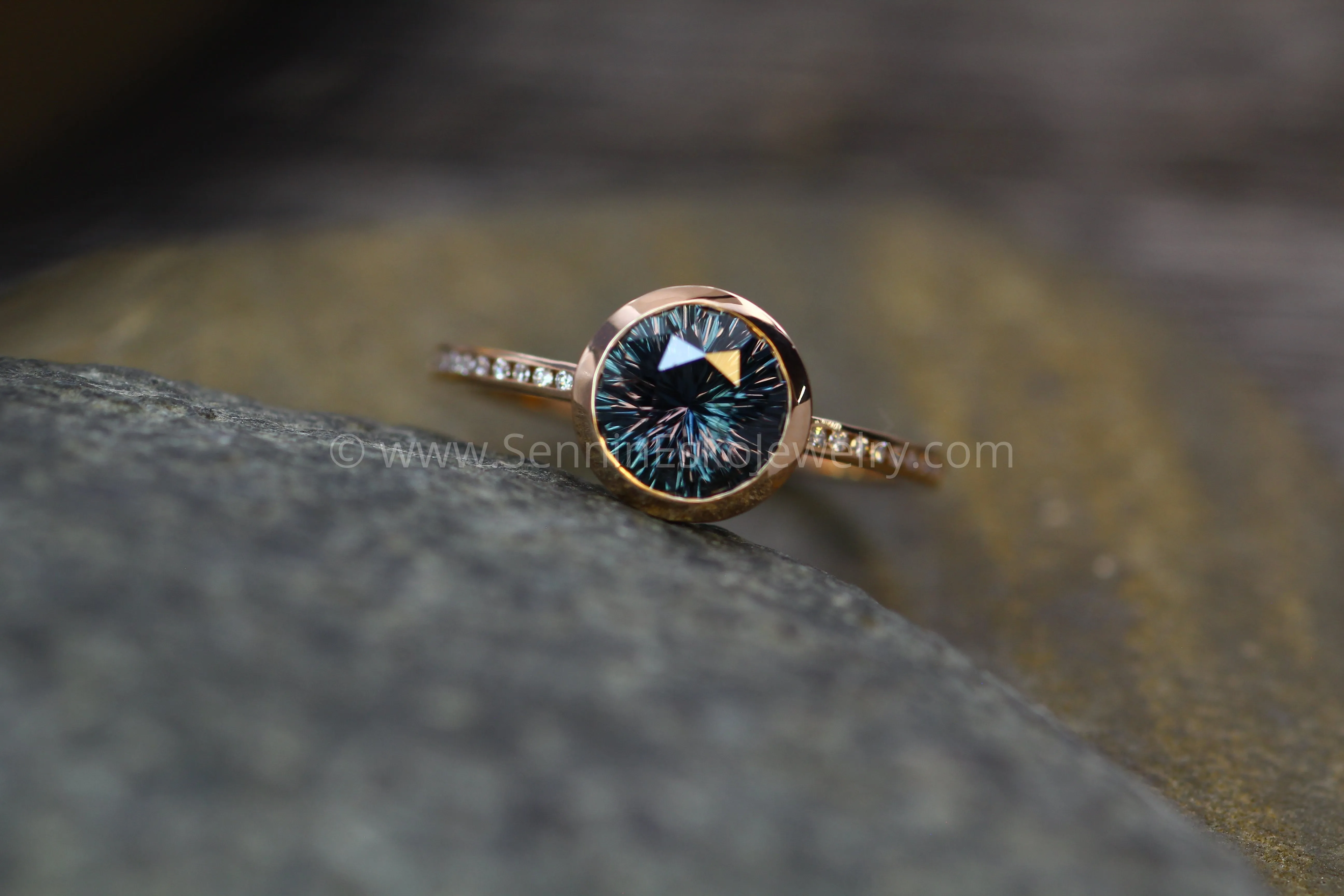 Diamond Channel Accented Rose Gold Bezel Ring Setting - Fantasy cut Color Changing Umba Sapphire Depicted (Setting Only, Center Stone Sold Separately)