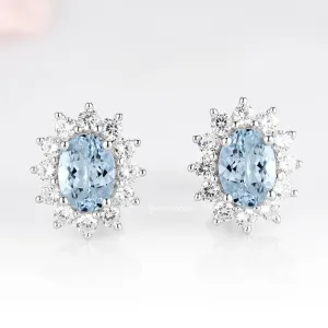 Diana Halo Oval Aquamarine Stud Earrings- Sterling Silver