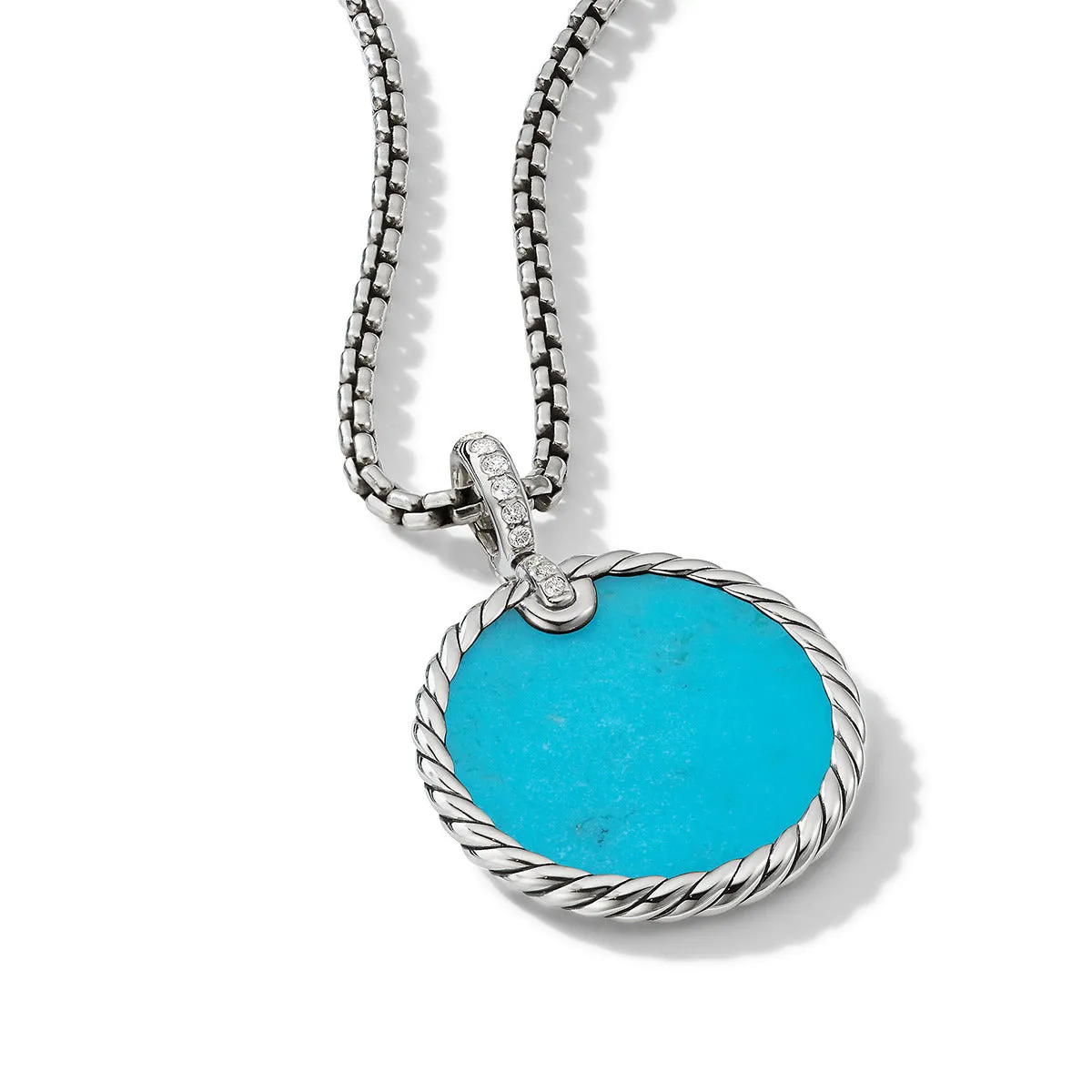 Disc Pendant in Sterling Silver with Turquoise Reversible to Mother of Pearl and Pave Diamonds