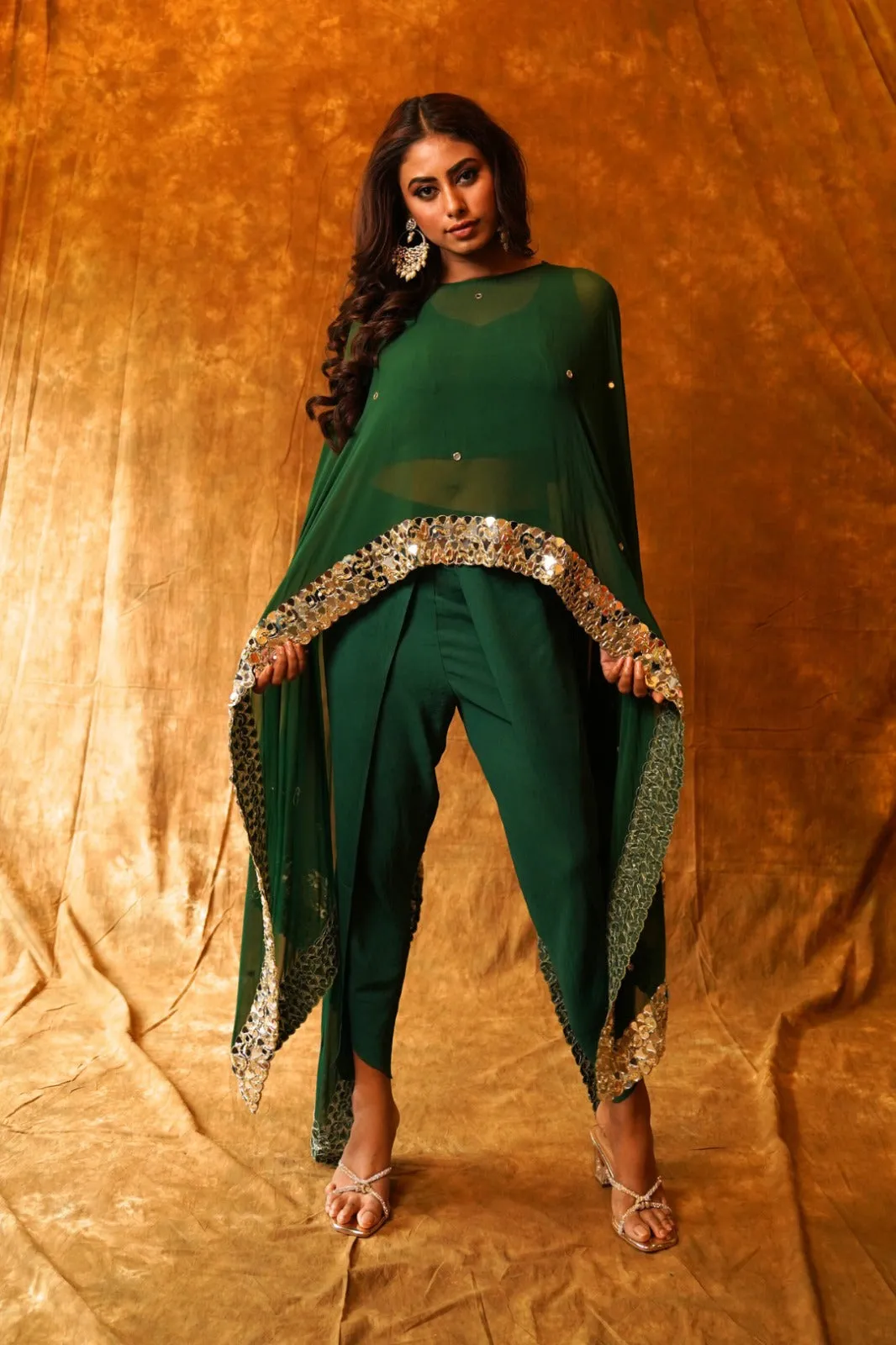 Elegant Emerald Dupatta Cape with Overlap Dhoti & Inner