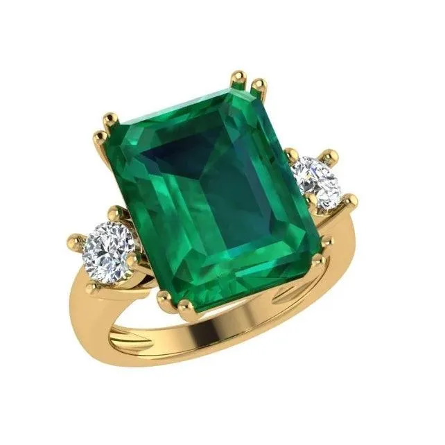 Emerald-Cut Emerald and Diamond Three Stone Ring