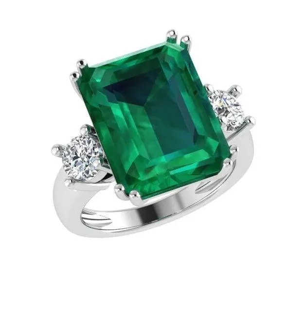 Emerald-Cut Emerald and Diamond Three Stone Ring