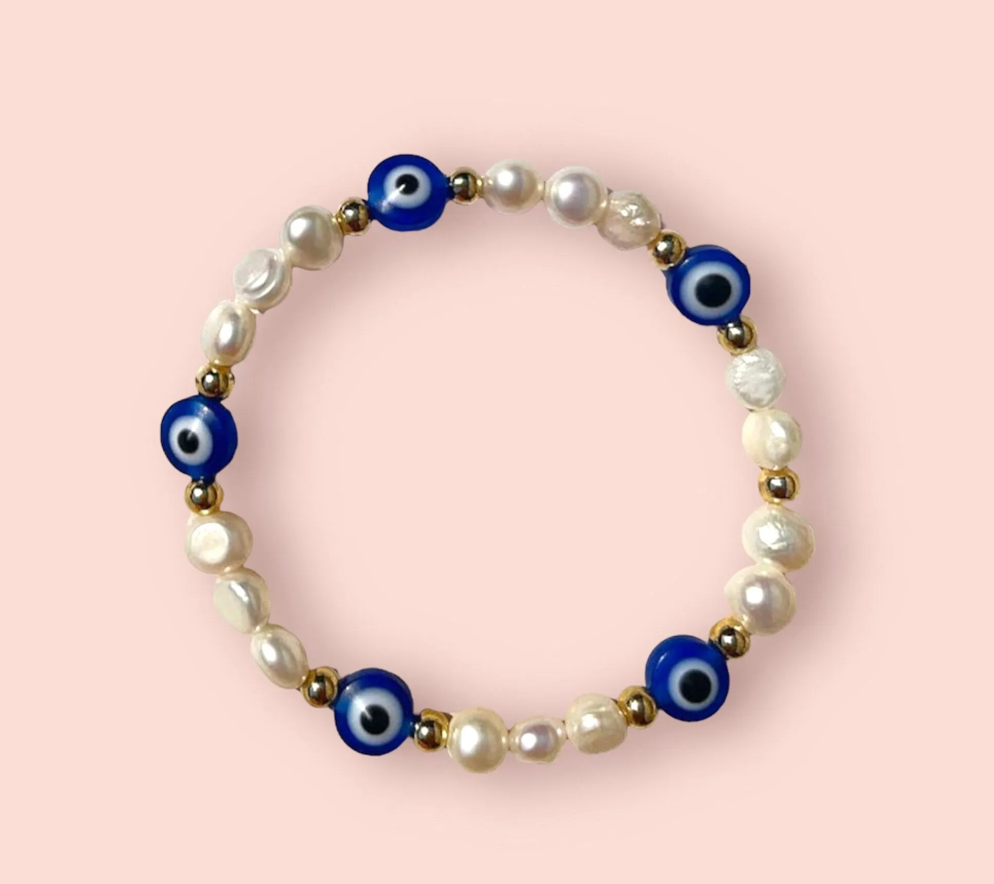 Evil Eye Freshwater Pearl & 18K gold plated/ 925 Sterling Silver beaded bracelet