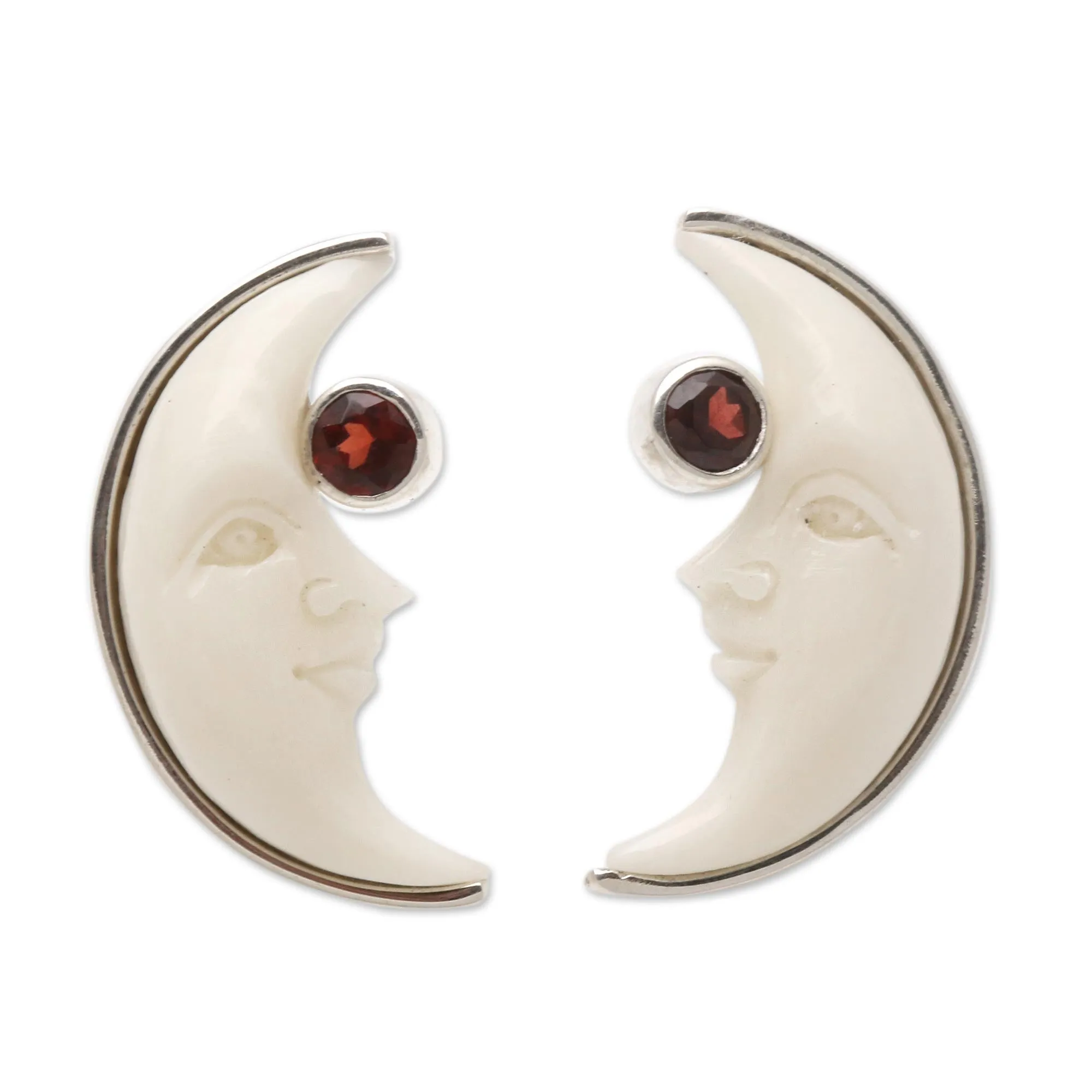 Garnet Crescent Moon Button Earrings from Bali - Moon Awakening | NOVICA