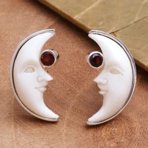 Garnet Crescent Moon Button Earrings from Bali - Moon Awakening | NOVICA