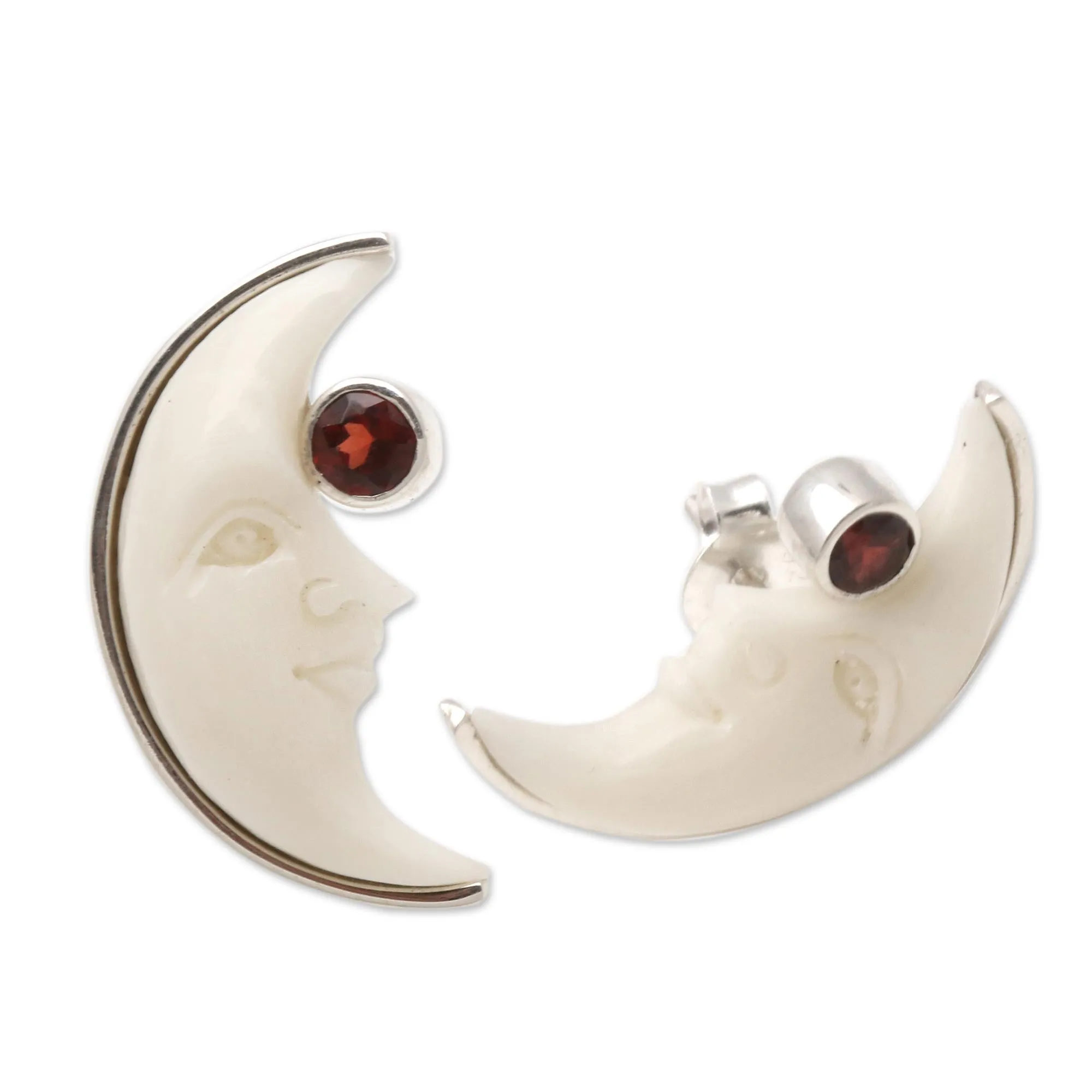 Garnet Crescent Moon Button Earrings from Bali - Moon Awakening | NOVICA