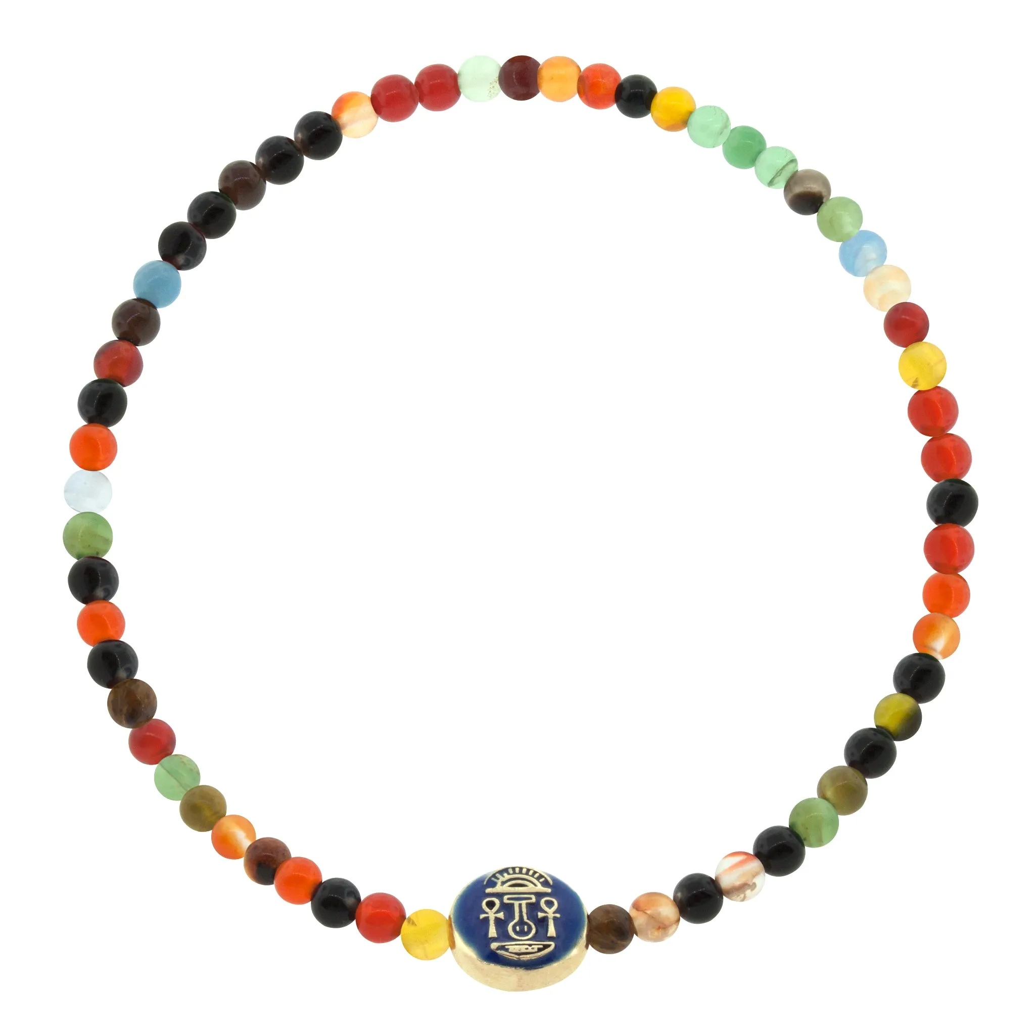 Good Luck Enameled Small Disk on Agate Beaded Bracelet