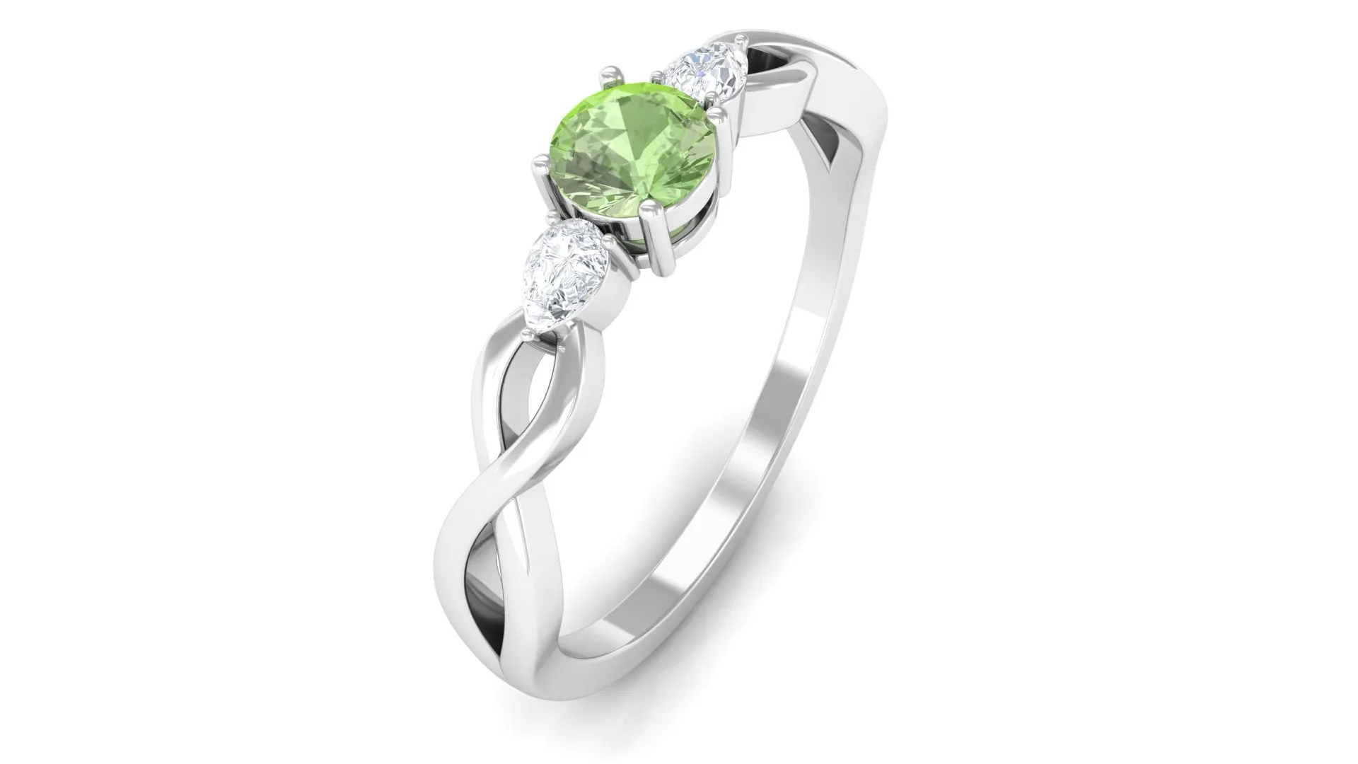 Green Sapphire and Diamond 3 Stone Promise Ring with Crossover Shank