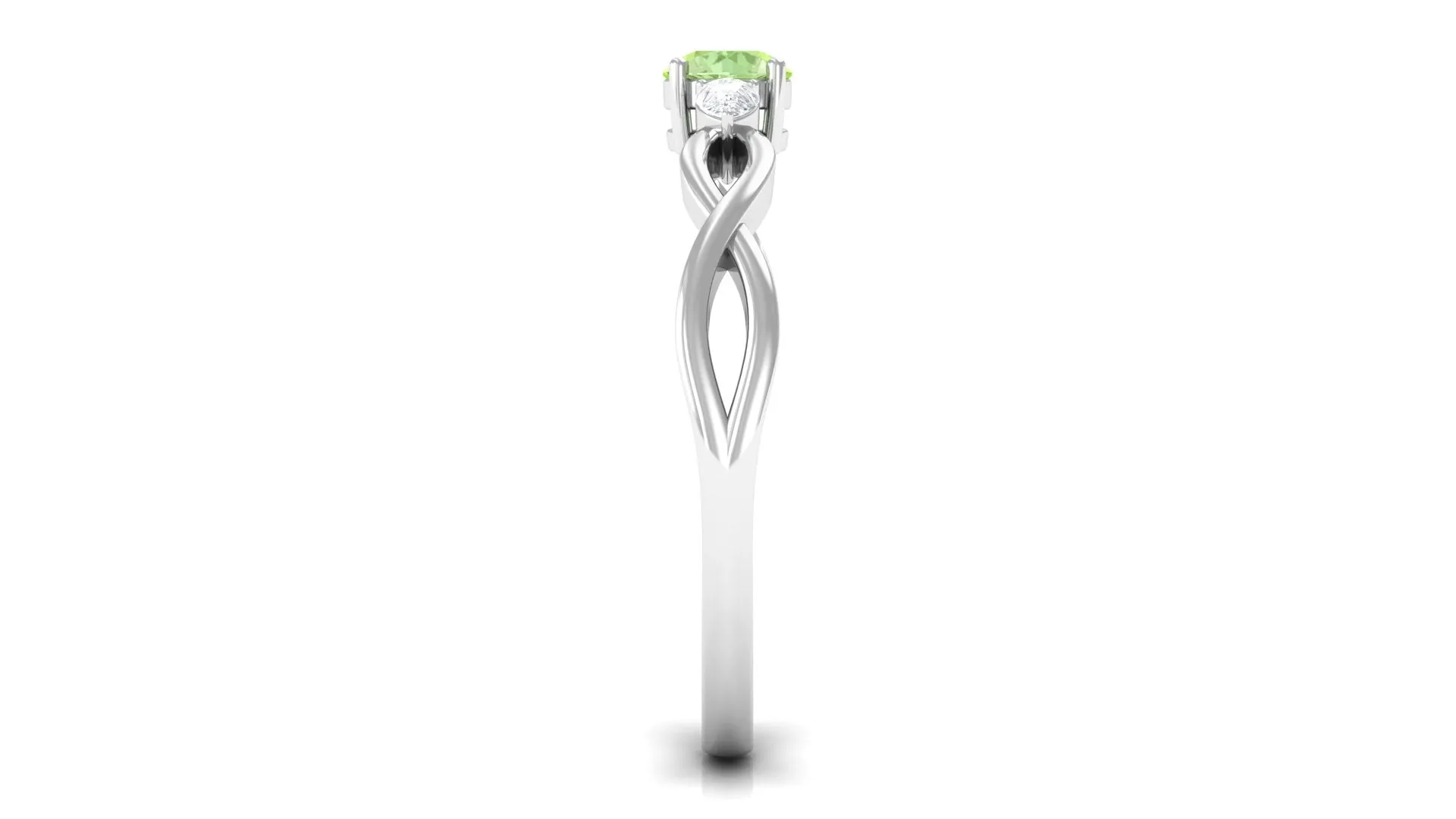 Green Sapphire and Diamond 3 Stone Promise Ring with Crossover Shank