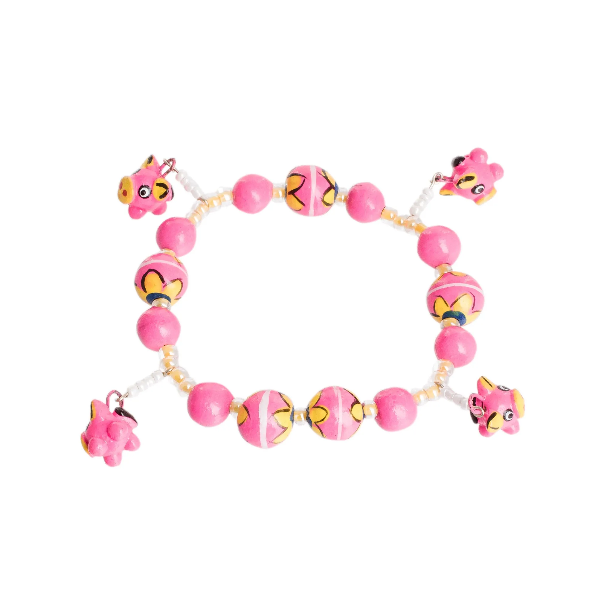 Handcrafted Ceramic Beaded Stretch Bracelet in Pink - Little Pink Pigs | NOVICA