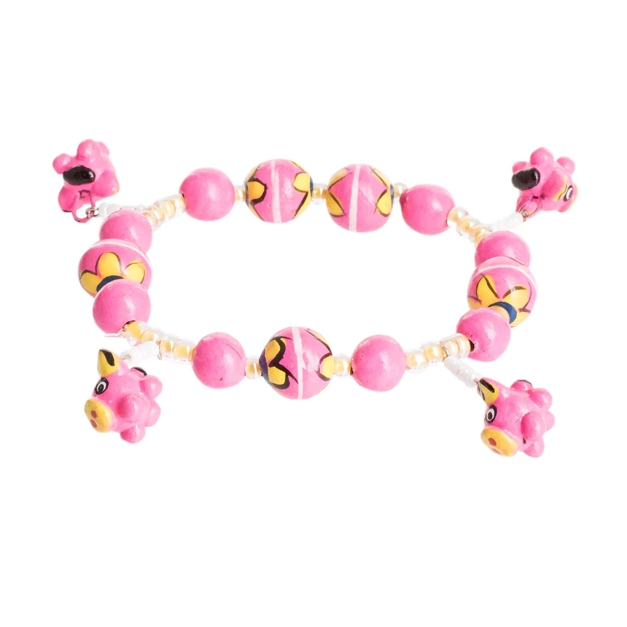 Handcrafted Ceramic Beaded Stretch Bracelet in Pink - Little Pink Pigs | NOVICA